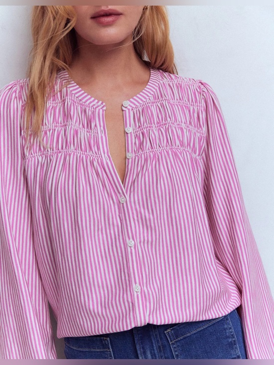 Boden Tops - Boden Mya Smocked Jersey Shirt
Clover Purple and Ivory Stripe